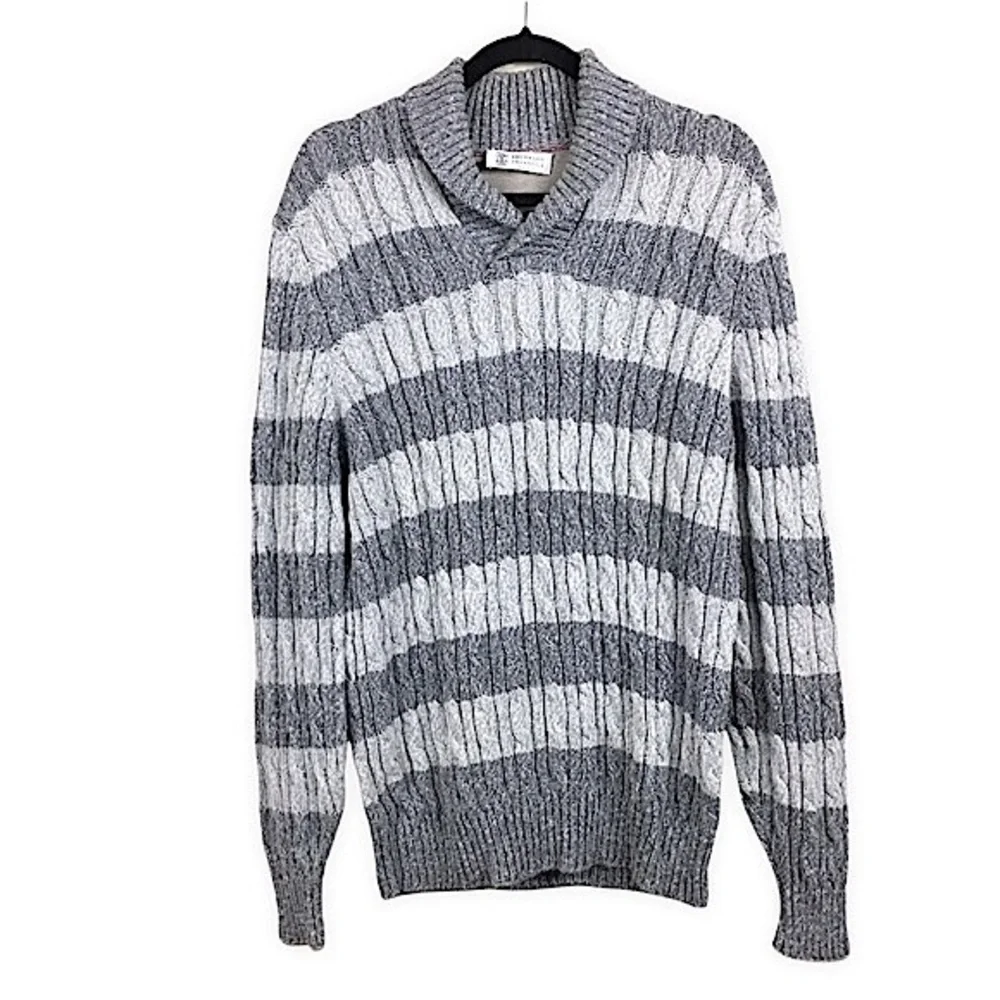 Brunello Cucinelli Men’s Gray‎ Striped Cable Knit Pullover Sweater